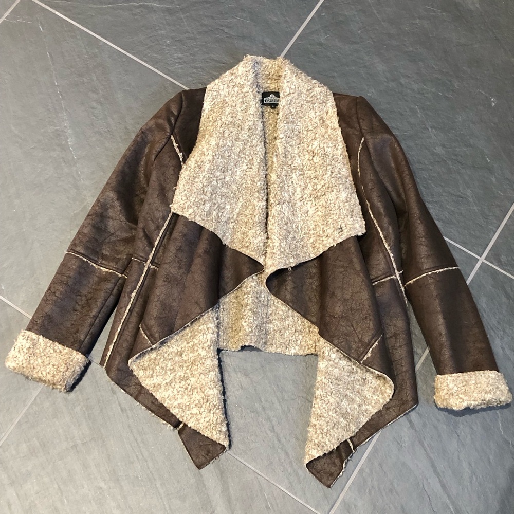 Large Brown Open Front Vegan Leather Shearlinglook Jacket
